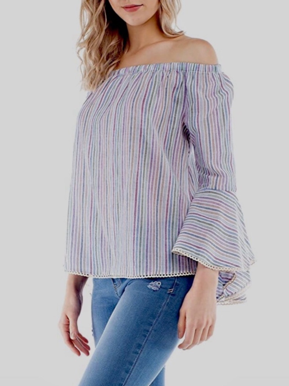 Solitaire Off Shoulder Striped Bell Sleeve Cotton Top Sz Large
